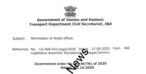 Jk Government Nominates Nodal Officer for Transport Department