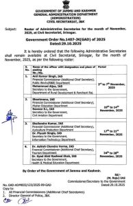 Jammu & Kashmir Sets November 2025 Roster for Top Officials in Srinagar