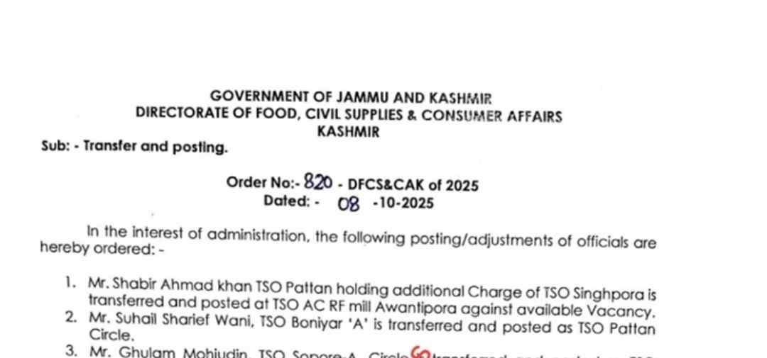 Jammu Kashmir government transfers, Tehsil Supply Officers transfer, Food Civil Supplies Department Kashmir, TSO posting order 2025, J&K administration news, Kupwara Baramulla transfers, ration distribution officers,