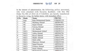 J&K Police Transfers 34 Personnel from Security Kashmir to Security Wing - Complete List