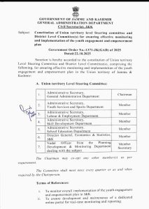 J&K Govt Forms UT, District Committees to Monitor Youth Empowerment Plan