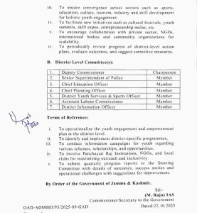 J&K Govt Forms UT, District Committees to Monitor Youth Empowerment Plan