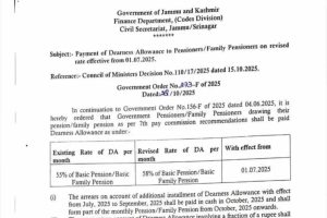 J&K Govt Announces 3% DA Hike for Pensioners