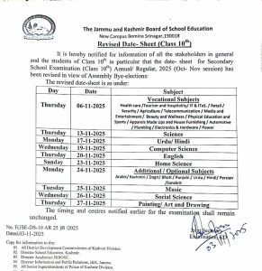 JKBOSE Class 10th Revised Date Sheet 2025 