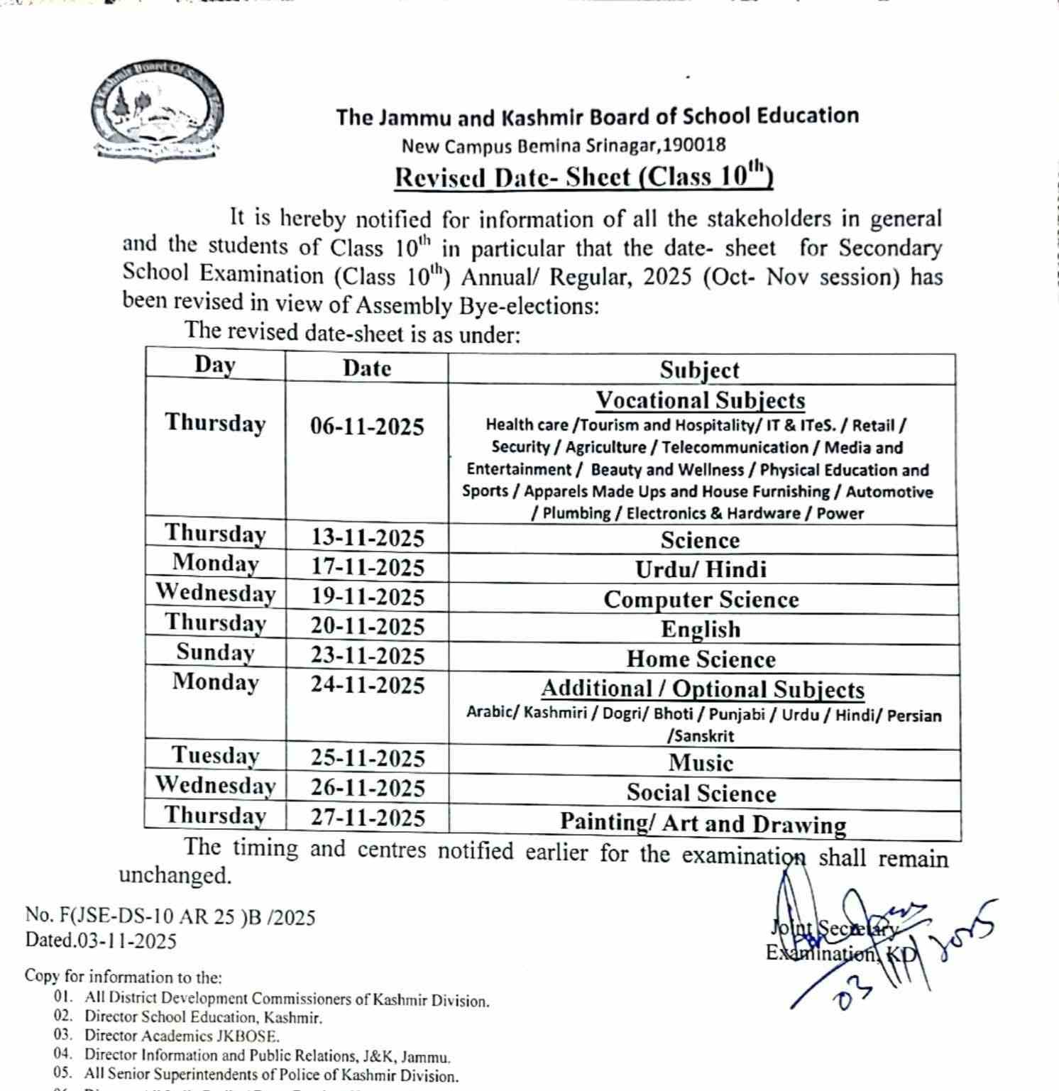 JKBOSE Class 10th Revised Date Sheet 2025