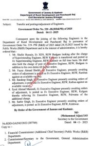 Jammu and Kashmir Govt Orders Transfer and Posting of Executive Engineers