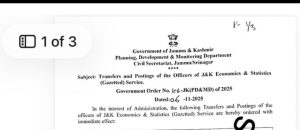 J&K Govt Orders Major Transfers in Economics & Statistics Department — Full List of Officers