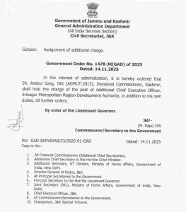 Senior Officer Anshul Garg Given Additional Key Role in Srinagar
