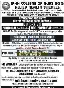 IPHH College of Nursing Recruitment 2025 – Apply for Nursing, Pharmacy & HR Posts in Jammu