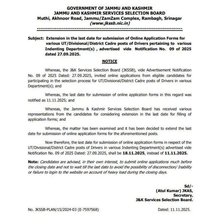 JKSSB Extends Last Date for 107+ Driver Posts