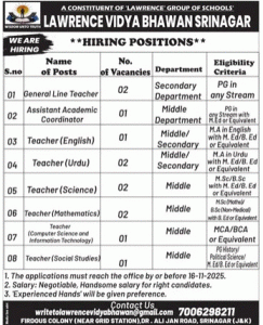 Lawrence Vidya Bhawan Srinagar Recruitment 2025 