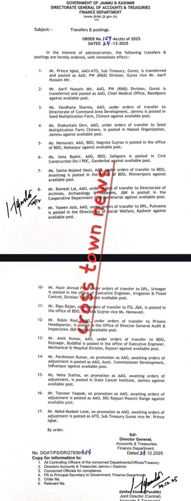 Directorate of Accounts and Treasuries Orders Transfers and Postings