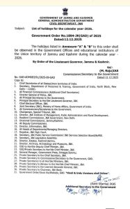 J&K  List of holidays for the calendar year-2026.