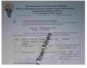 JPDCL AEE Adjustment Order 2025 Issued – Jammu Power Dept Posts Two Engineers