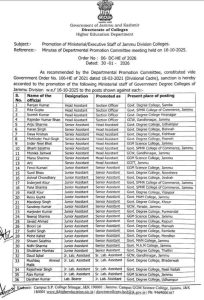 J&K Directorate of Colleges Promotes 36 Staff Members