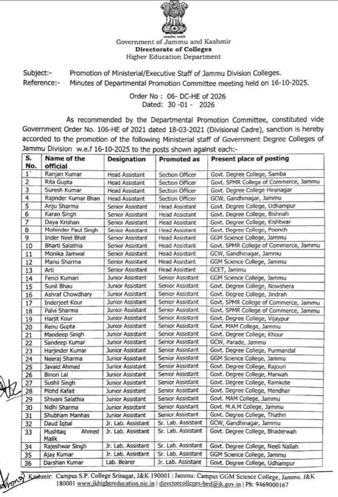 J&K Directorate of Colleges Promotes 36 Staff Members