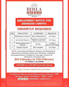 Birla Open Minds International School Srinagar Recruitment 2026