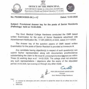 GMC Handwara Releases Provisional Answer Key for Senior Resident (Pathology