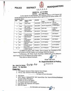 Multiple Police Officers Transferred in Sopore District