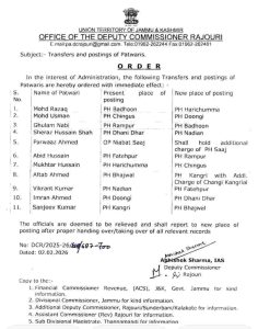 Deputy Commissioner Orders Immediate Transfer of 11 Patwaris in Rajouri