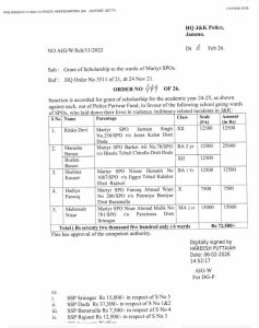 J&K Police Grants Scholarship to Wards of Martyr SPOs for Academic Year 2024–25