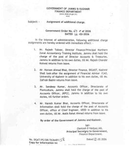 J&K Finance Deptt assigns additional charges to four officers