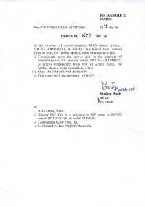J&K Police Order Transfer and Posting in jammu and kashmir