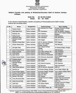 J&K Higher Education Department Orders Transfer of Ministerial Staff in Kashmir Division Colleges