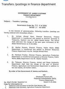 Finance Department Transfers in Jammu & Kashmir