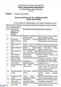 33 AEEs among 82 officers transferred in JKPDD by Government