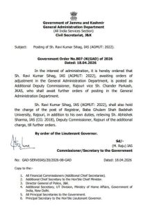J&K Govt Orders Posting of Ravi Sihag as ADC Rajouri
