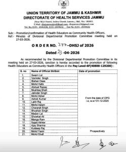 Jammu Health Department issues order promoting 21 Health Educators as Community Health Officers with new postings and pay level 6F.