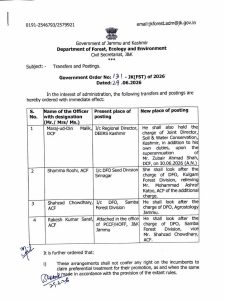 J&K Forest Department Announces Fresh Transfers and Postings