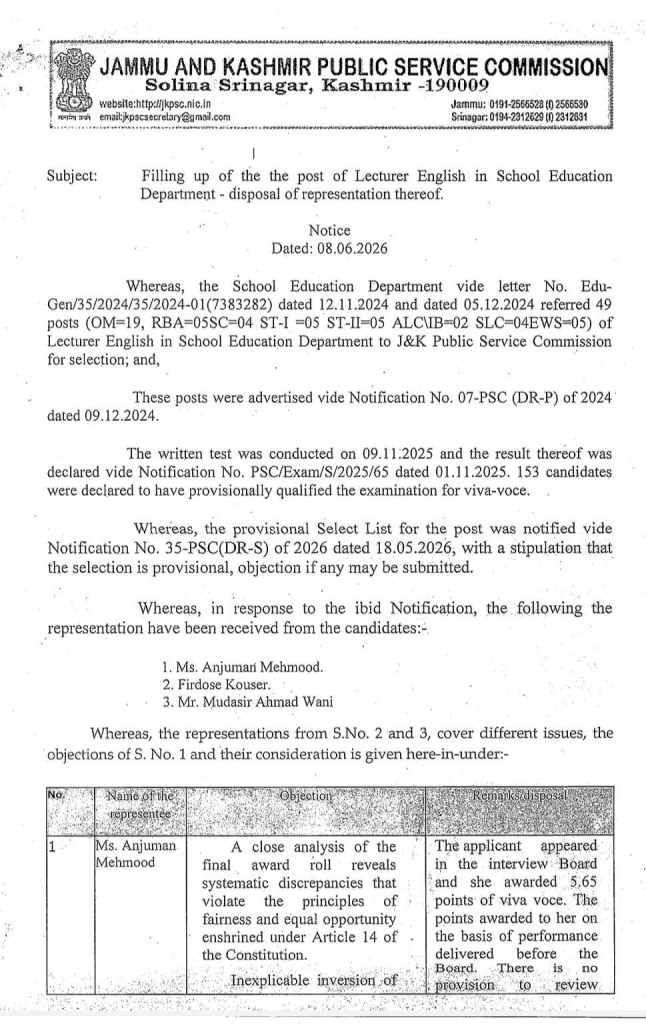 JKPSC Rejects Representations Against Lecturer English Selection List in School Education Department