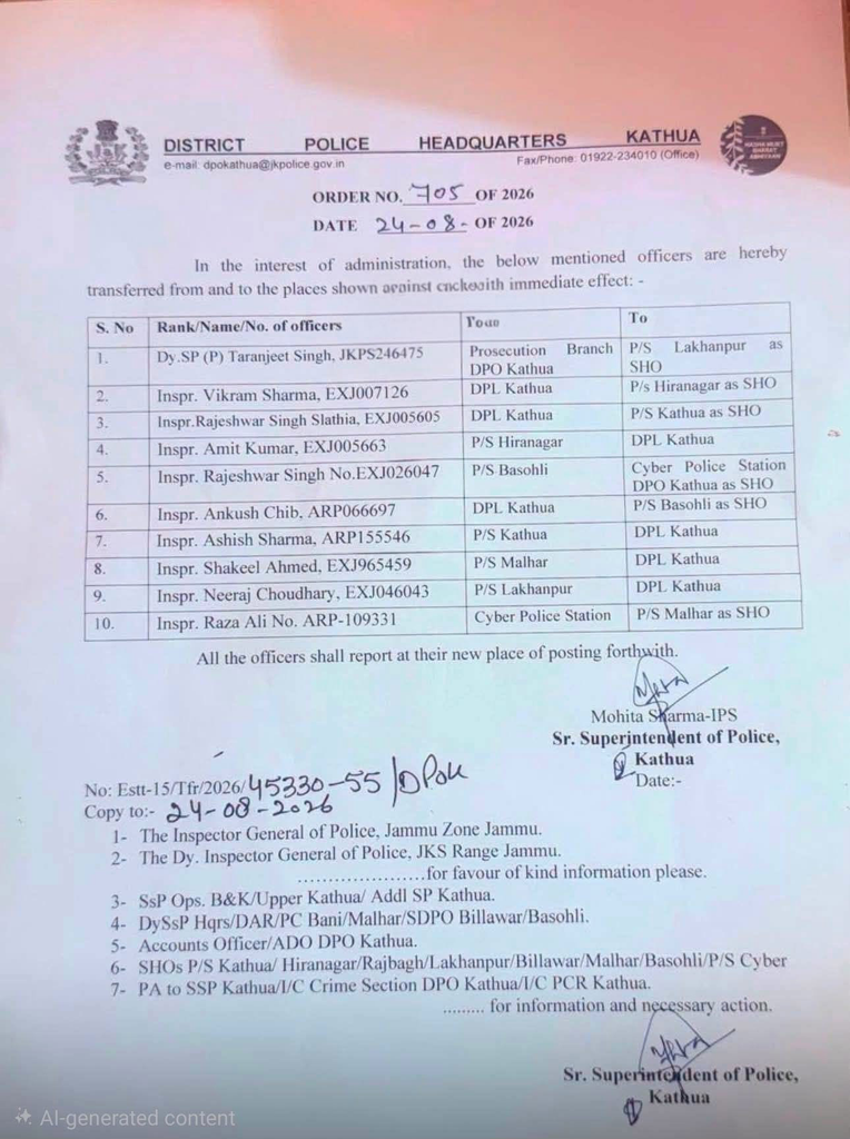 Kathua Police Transfer Posting Order 2026: 10 Officers Transferred