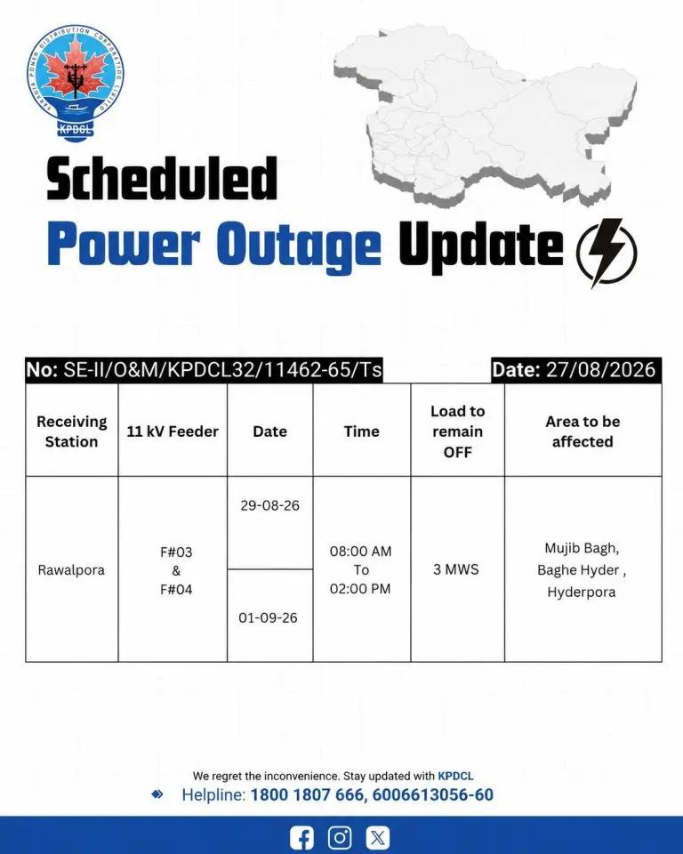 JK Power Shutdown Schedule: Outage Announced for August 29 and September 1