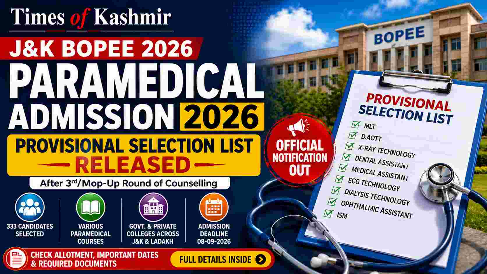 J&K BOPEE Paramedical Admission 2026: Provisional Selection List Released After 3rd/Mop-Up Counselling