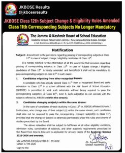JKBOSE Class 12 Subject Change Rules 2026