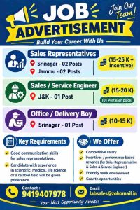 J&K Private Jobs 2026: Sales Representative, Engineer & Delivery Boy Posts