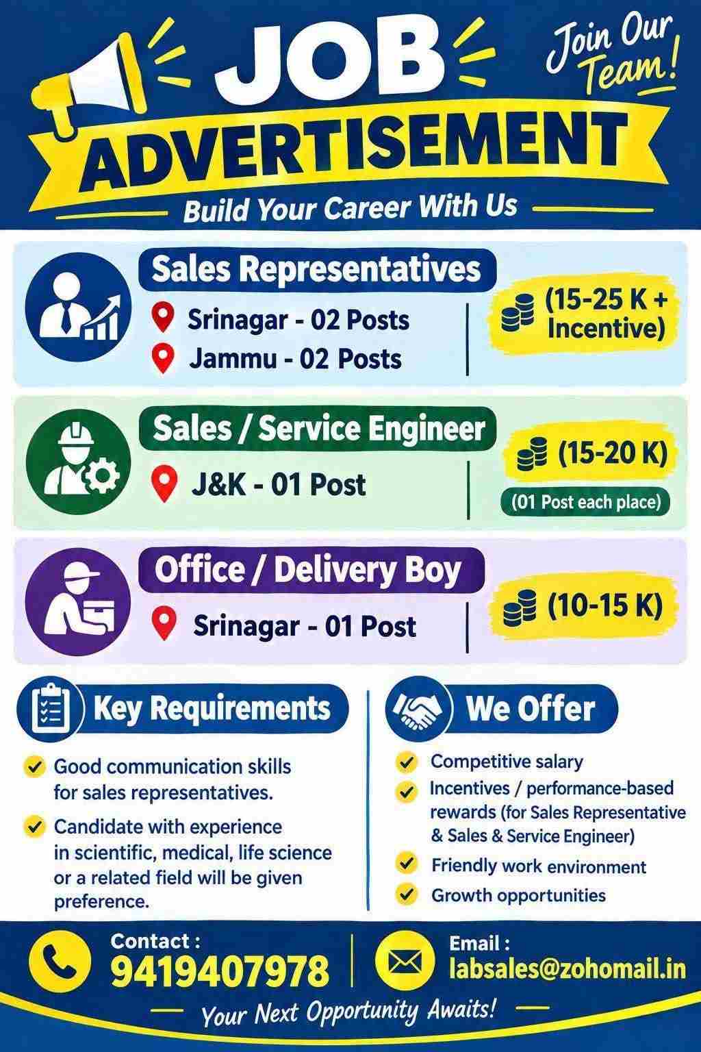 J&K Private Jobs 2026: Sales Representative, Engineer & Delivery Boy Posts