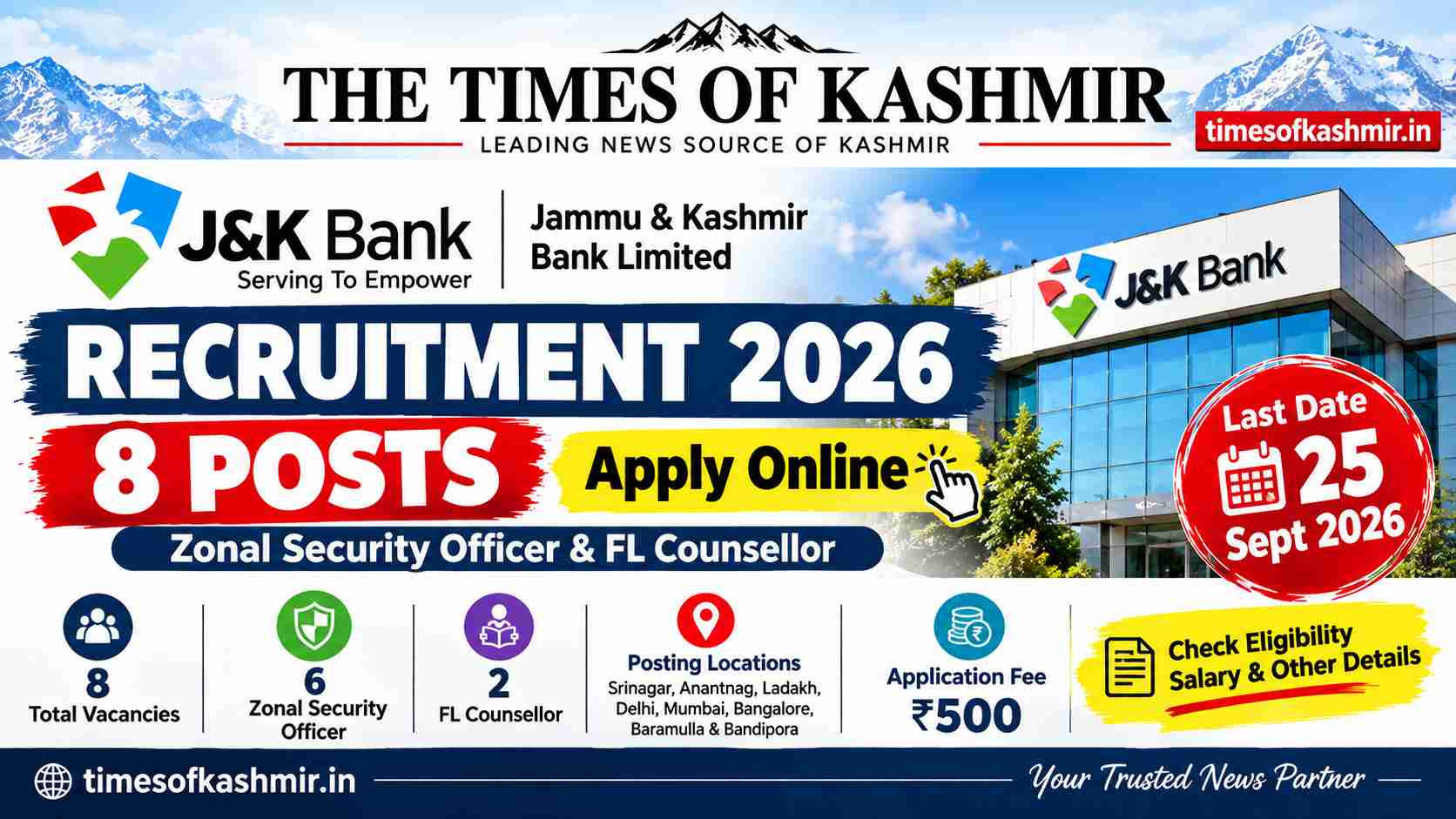 J&K Bank Recruitment 2026: 8 Posts Announced, Apply Online Before September 25