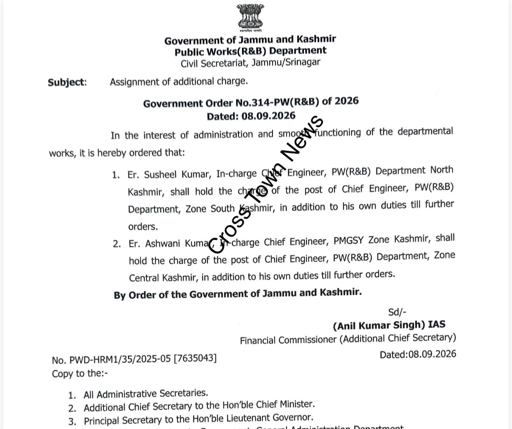 J&K Govt Assigns Additional Charge to Chief Engineers in PWD (R&B) Department