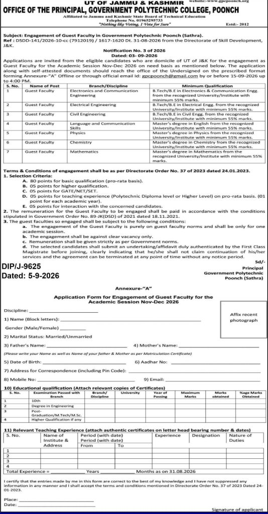 Government Polytechnic Poonch Guest Faculty Recruitment 2026: Apply for 7 Posts