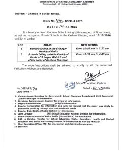 DSEK Announces New School Timings in Kashmir from October 15